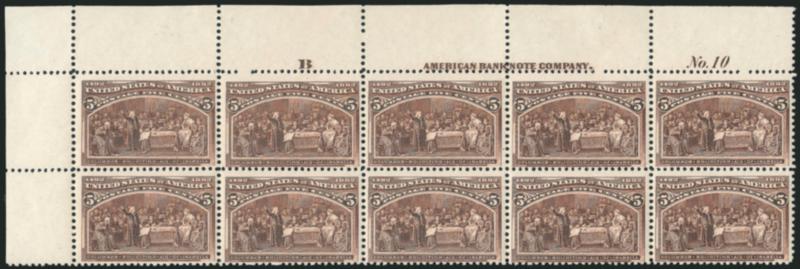 5c Columbian (234).> Top left imprint, plate no. 10 and letter B block of ten, stamps Mint N.H., lightly hinged in ungummed part of selvage, bright shade, fresh and Fine-Very Fine, an impressive plate number
multiple with full corner selvage