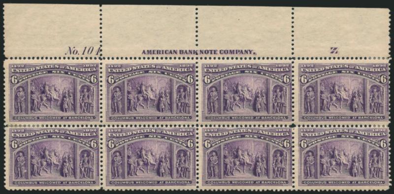 6c Columbian (235).> Top imprint, plate no. 104 and letter Z at right block of eight, original gum, h.r. where few perf separations sensibly reinforced, rich color (some slight overall toning), Fine