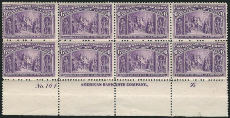 6c Columbian (235).> Bottom imprint, plate no. 104 and letter Z at right block of eight, original gum, stamps Mint N.H., some perf separations at bottom expertly reinforced (easily trimmed), bright shade,
Fine