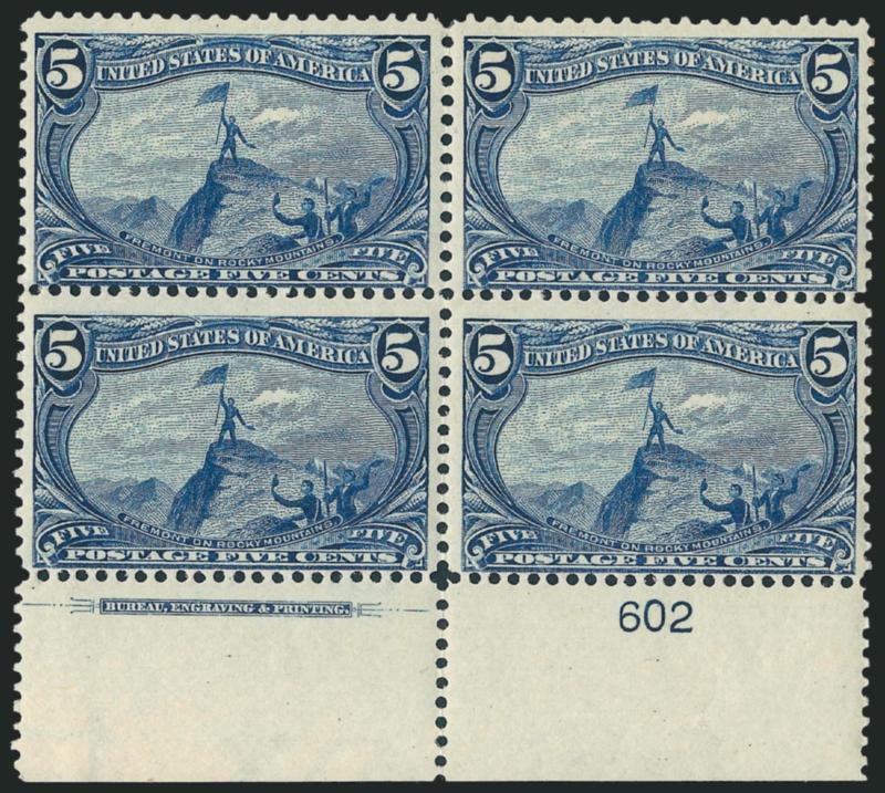 5c Trans-Mississippi (288).> Mint N.H. bottom imprint and plate no. 602 block of four, rich color on bright paper, fresh and Fine