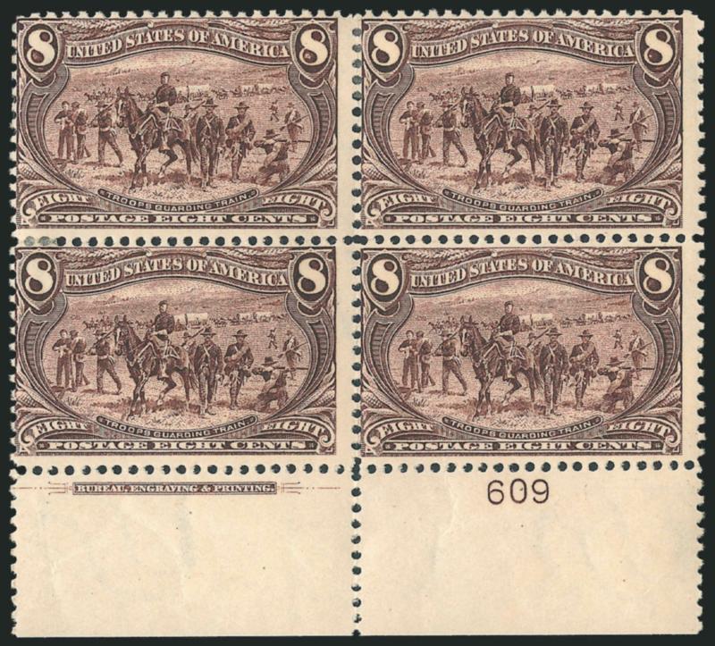 8c Trans-Mississippi (289).> Bottom imprint and plate no. 609 block of four, original gum, h.r., rich color, bottom right stamp light natural paper wrinkle, few sensibly reinforced perf separations, Fine