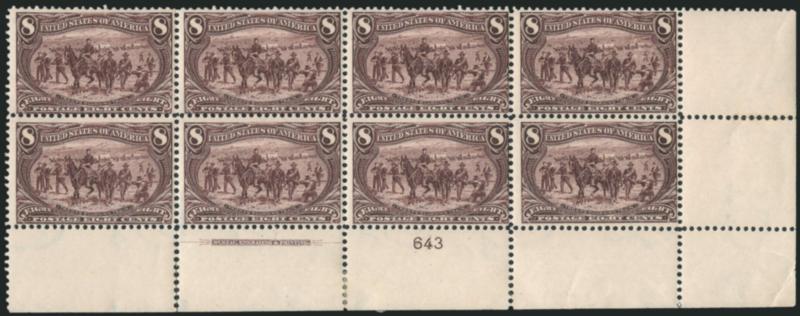 8c Trans-Mississippi (289).> Bottom right corner imprint and plate no. 643 block of eight, stamps Mint N.H., single h.r. in selvage, bright shade, few expertly reattached perf separations in selvage, small
corner crease in selvage at bottom right, Fi