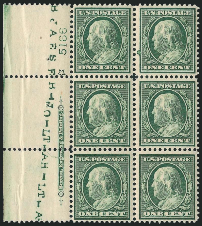 1c Green (331).> Ten Mint N.H. imprint, plate no. and star blocks (eight of six, one of eight and one of ten), plate nos. 4989, 4991, 4997, 5079, 5084, 5166 (2 different positions), 5179 (2 different positions)
and 5232, all four positions represente