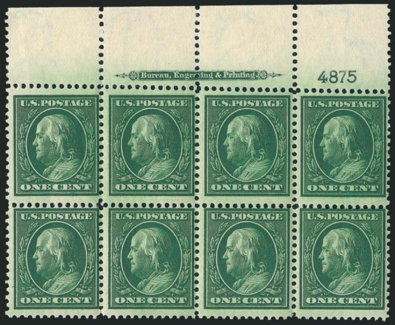 1c Green (331).> 20 imprint and plate no. blocks of six, plate nos. 4874 (right and left), 4875 (of eight), 4881, 4886 (bottom and right), 4888, 4889, 4892, 4897, 4899, 4900, 4903 (bottom and left), 4907, 4911,
4960, 4966, 4967 and 4974, rich colors,