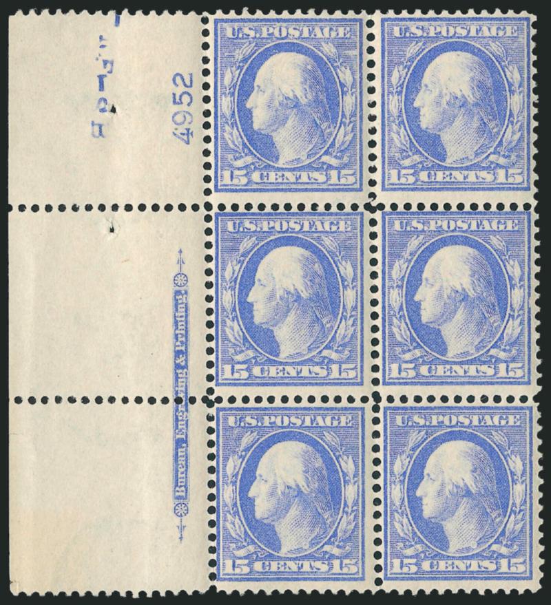 15c Pale Ultramarine (340).> Mint N.H. left imprint and plate no. 4952 block of six with wide selvage, bright shade on crisp paper, Fine
