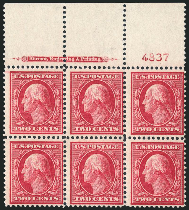 2c Carmine, Bluish (358).> Top imprint and plate no. 4837 block of six with wide selvage, rich color on nicely blued paper, Fine