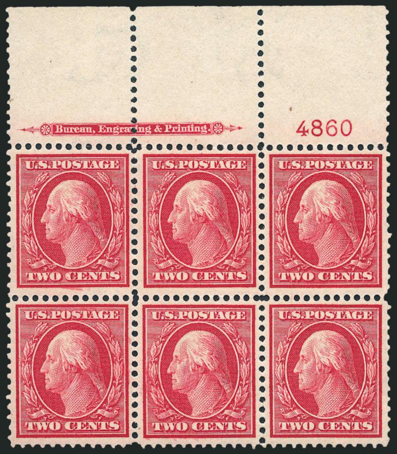 2c Carmine, Bluish (358).> Top imprint and plate no. 4860 block of six with wide selvage, lightly hinged, rich color on nicely blued paper, few expertly rejoined perf separations along right vertical row, Very
Fine and choice wide top plate block