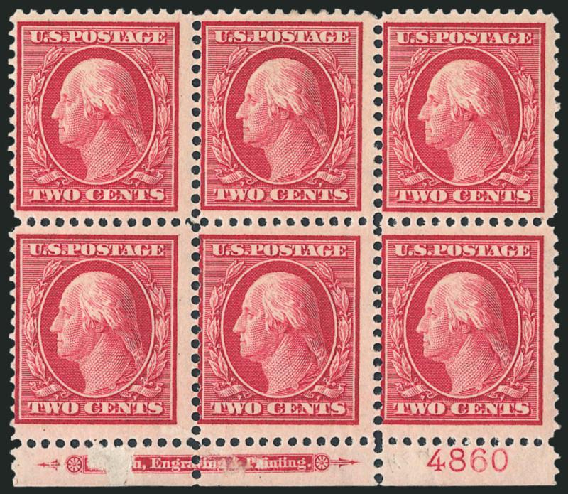 2c Carmine, Bluish (358).> Bottom imprint and plate no. 4860 block of six, intense shade and impression on nicely blued paper, top center stamp h.r., bottom center stamp pencil indentation, scuff affects
imprint, otherwise Fine, with 1982 P.F. certif