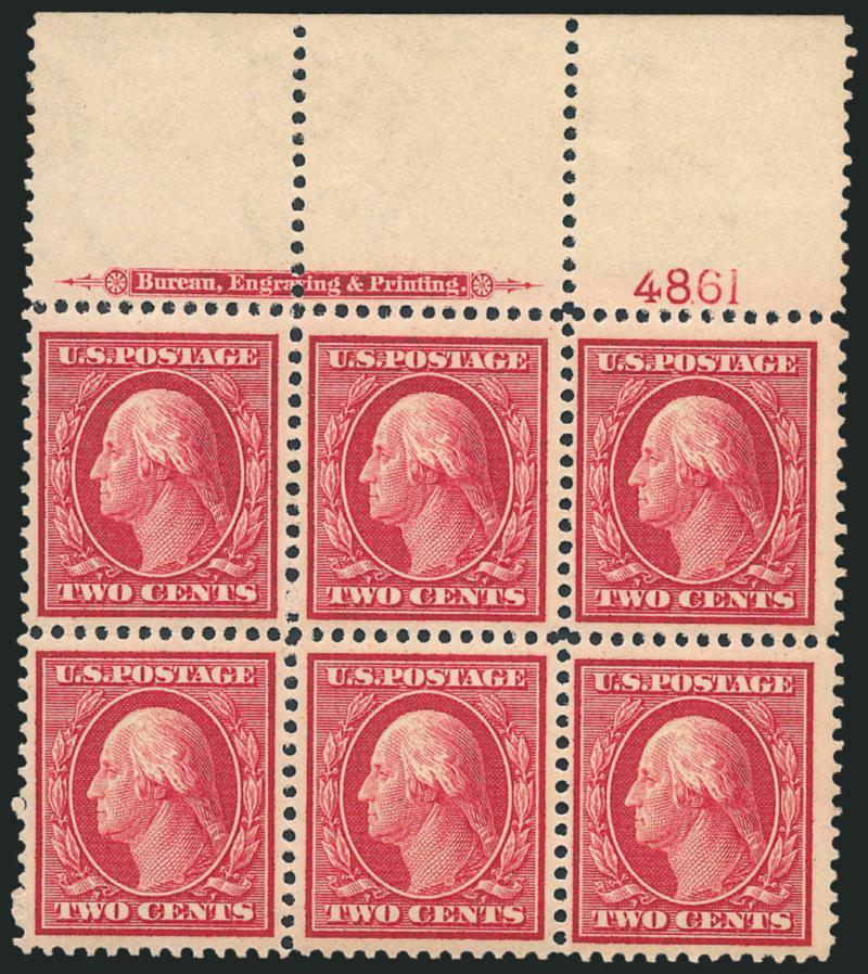 2c Carmine, Bluish (358).> Mint N.H. top imprint and plate no. 4861 block of six with wide selvage, radiant color on deeply blued paper, unusually choice centering, top left stamp small natural
inclusion<><>^VERY FINE-EXTREMELY FINE. A BEAUTIFUL MI