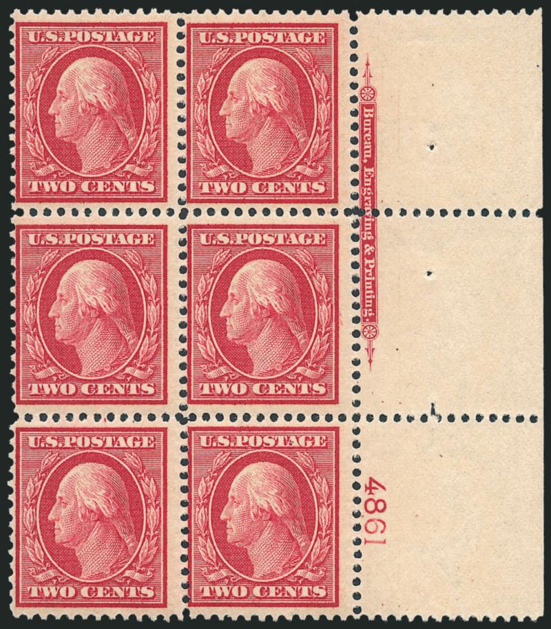 2c Carmine, Bluish (358).> Mint N.H. right imprint and plate no. 4861 block of six with wide selvage, bright color, fresh and Fine