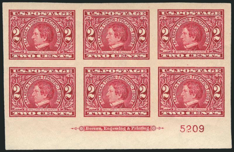 2c Alaska-Yukon, Imperforate (371).> Mint N.H. right and bottom imprint and plate no. 5209 blocks of six, huge margins, rich colors, Extremely Fine Gems, this plate no. was once believed to have been issued
perforated only