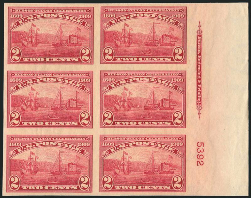 2c 1909 Commemoratives, Imperforate (371, 373).> Mint N.H. matched left and right imprint and plate no. blocks of six, plate nos. 5251 and 5392 respectively, large margins, fresh and Very Fine-Extremely
Fine