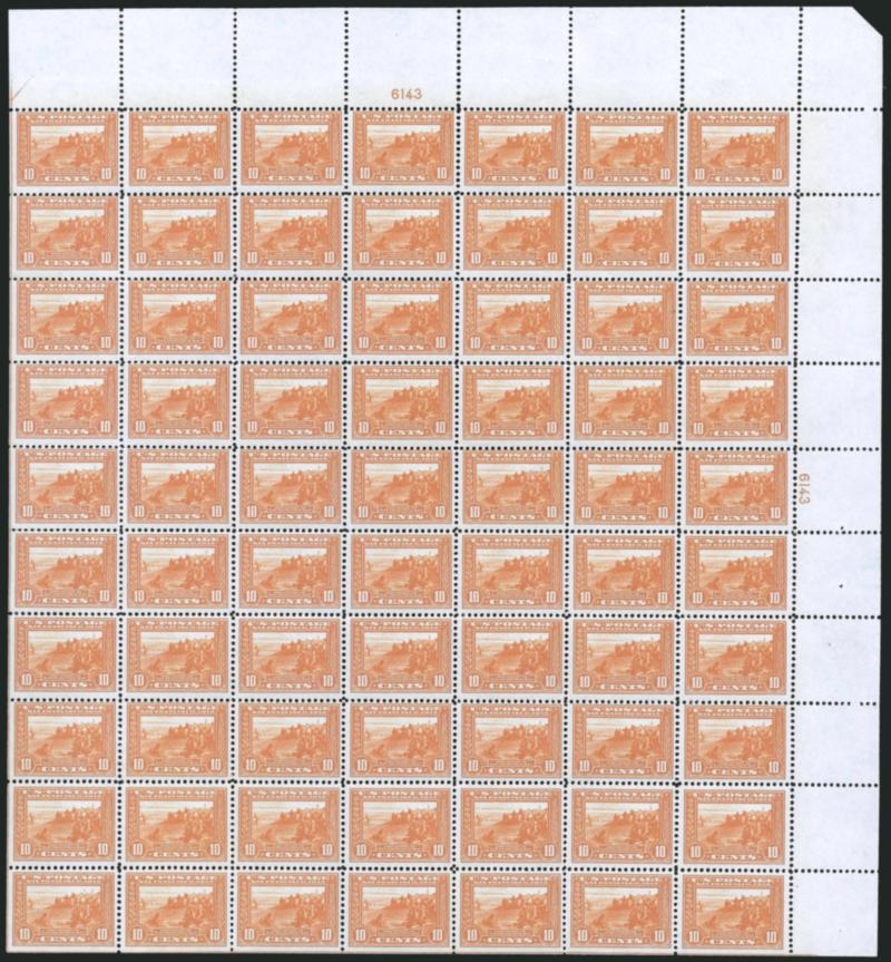 10c Panama-Pacific (400A).> Mint N.H. upper right complete pane of 70 with plate no. 6143 at top and right, brilliant color, natural pre-printing paper fold affects three stamps at top (including top plate
block), centering on most ranges from Very G