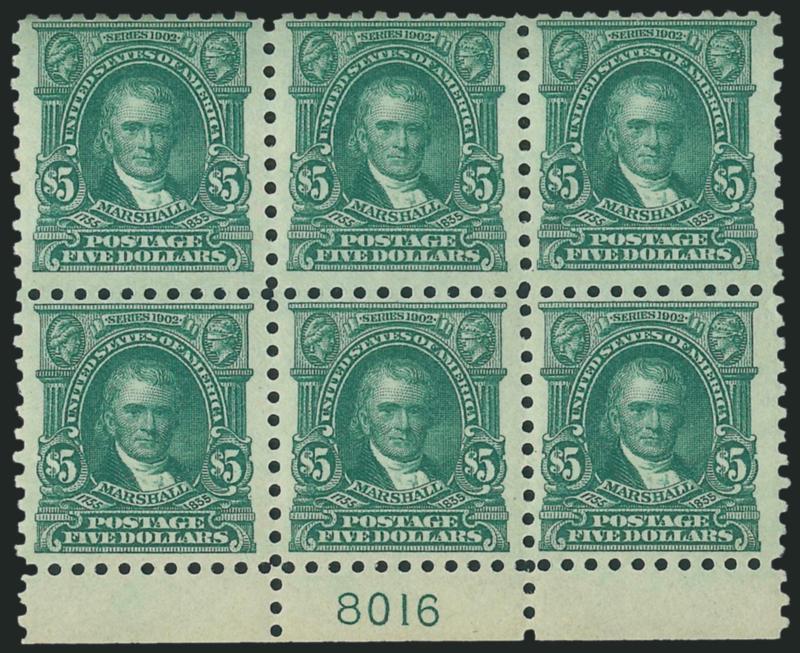 $5.00 Light Green (480).> Bottom plate no. 8016 block of six, center stamps lightly hinged, other four Mint N.H., rich color on crisp paper<><>^FRESH AND FINE. AN ATTRACTIVE $5.00 MARSHALL PERF 10 PLATE
BLOCK.^<><>With 1980 P.F. certificate