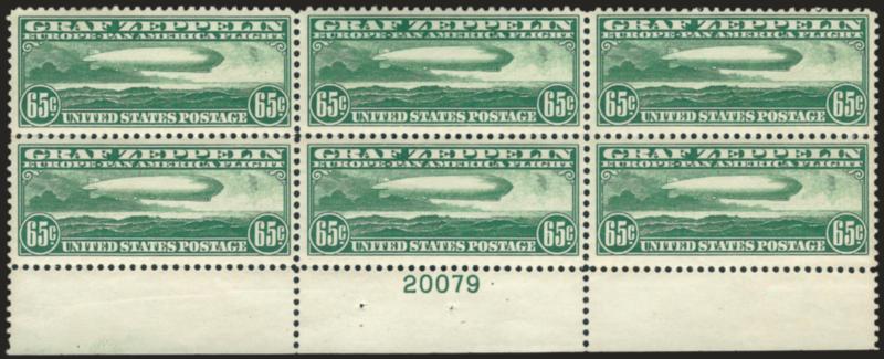 65c Graf Zeppelin (C13).> Bottom plate no. 20079 block of six, radiant color, four stamps Mint N.H., top end stamps h.r., few light natural gum skips and bends, Fine-Very Fine