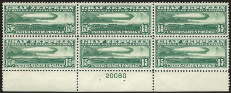 65c Graf Zeppelin (C13).> Bottom plate no. 20080 block of six, four stamps Mint N.H., top corner stamps lightly hinged, rich color, well-proportioned margins, usual natural gum skips and bends, Very Fine and
choice, a beautiful plate block
