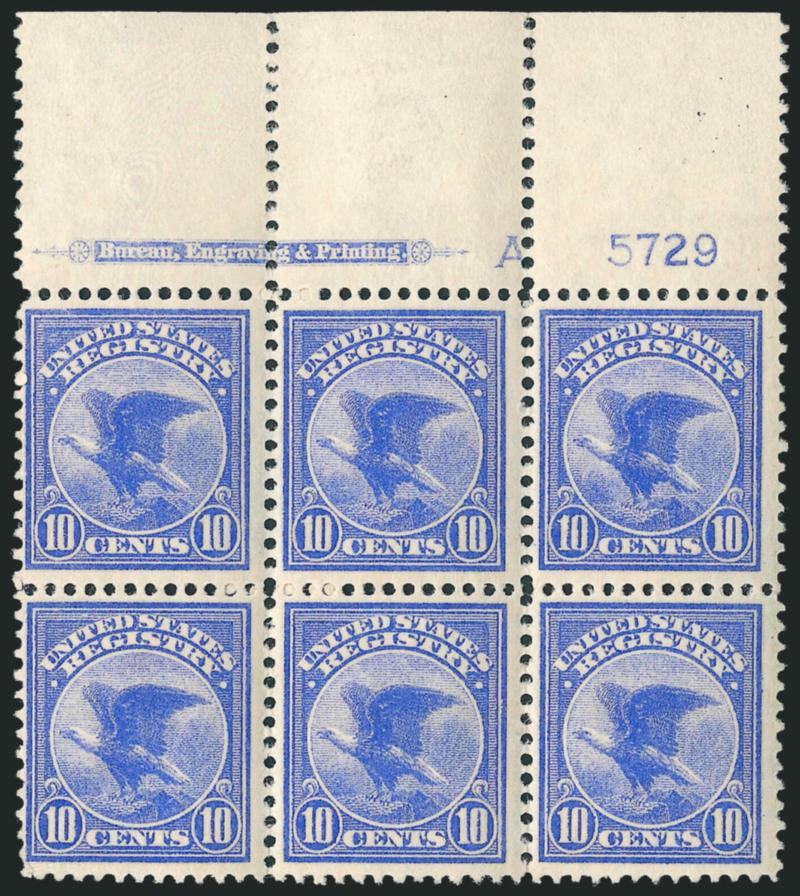 10c Ultramarine, Registration (F1).> Top imprint, plate no. 5729 and A block of six with wide selvage, stamps Mint N.H., single h.r. in ungummed part of selvage, gorgeous deep rich color on bright paper,
Fine-Very Fine, a beautiful wide top plate b