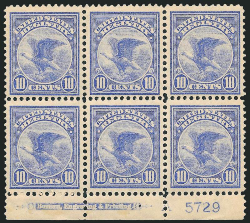 10c Ultramarine, Registration (F1).> Bottom imprint, plate no. 5729 and A block of six, bottom stamps Mint N.H., radiant color, Fine-Very Fine