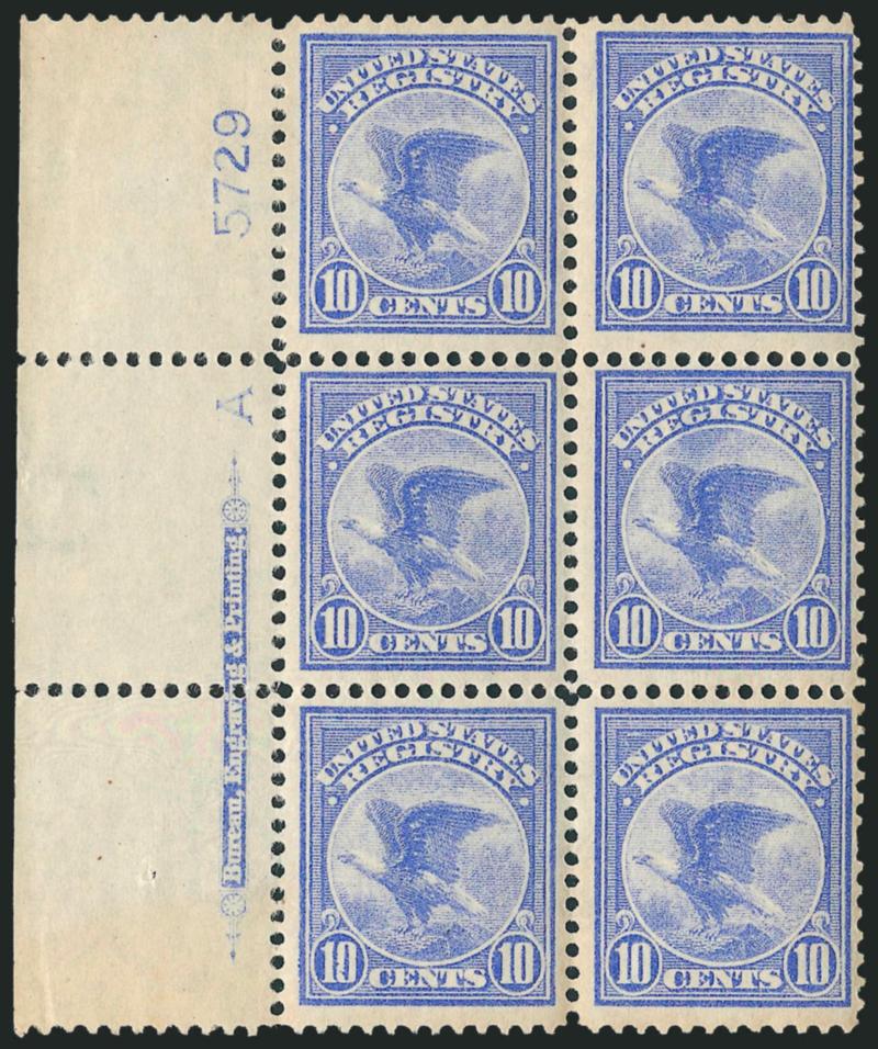 10c Ultramarine, Registration (F1).> Mint N.H. left imprint, plate no. 5729 and A block of six, radiant color, naturally short gum at top left, single short perf at bottom right, otherwise Fine-Very
Fine
