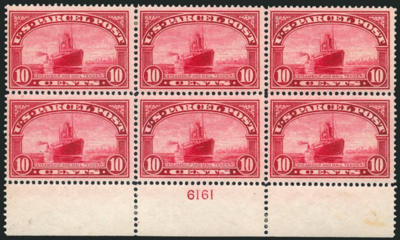 10c Parcel Post (Q6).> Bottom plate no. 6161 block of six, bottom side stamps Mint N.H., few h.r. mostly in selvage, intense shade and impression, fresh and Fine-Very Fine