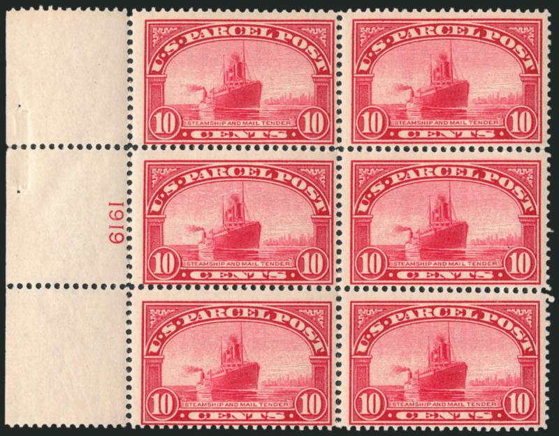 10c Parcel Post (Q6).> Mint N.H. left plate no. 6161 block of six with wide selvage, radiant color, faint natural gum bend, fresh and Fine