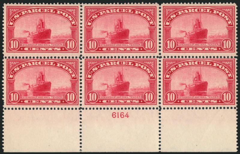 10c Parcel Post (Q6).> Mint N.H. bottom plate no. 6164 block of six with wide selvage, brilliant color, crisp impression, top stamps especially well-centered, Very Fine-Extremely Fine, a gorgeous Mint N.H.
plate block