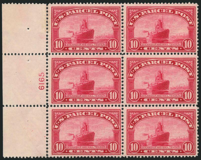 10c Parcel Post (Q6).> Left plate no. 6165 block of six with wide selvage, right stamps Mint N.H., few perf separations at left reinforced, brilliant color, Fine