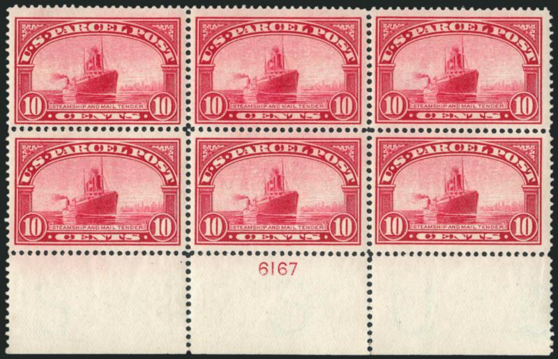 10c Parcel Post (Q6).> Mint N.H. bottom plate no. 6167 block of six with wide selvage, brilliant color and crisp impression, well-balanced margins, Extremely Fine, one of the finest known Mint N.H. plate blocks
of this issue
