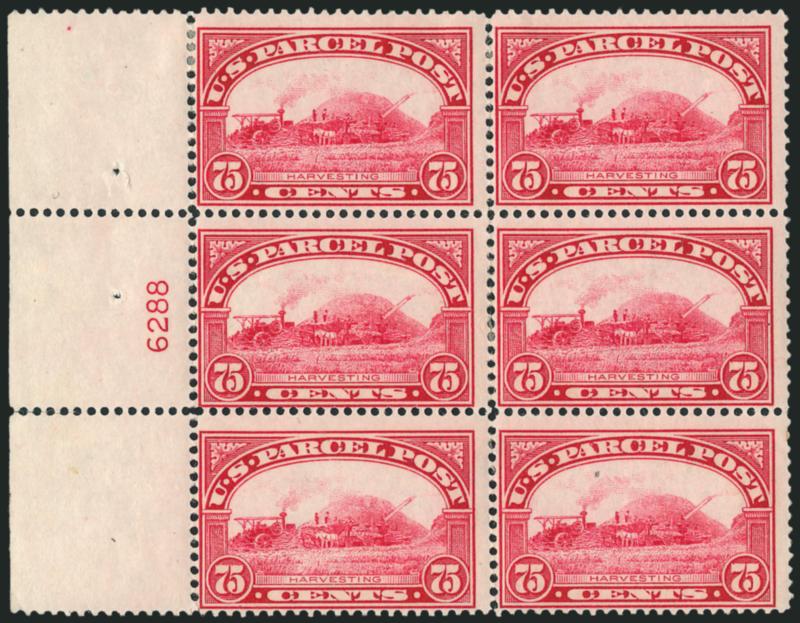 75c Parcel Post (Q11).> Left plate no. 6288 block of six with wide selvage, h.r. at top, bright shade, some perf separations at center expertly reinforced, bottom right stamp small natural inclusion,
Fine