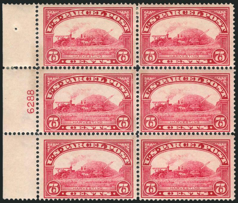 75c Parcel Post (Q11).> Left plate no. 6288 block of six, original gum, small h.r. at top, brilliant color, small thin spot in selvage below plate no. and a few rejoined perfs at top left, fresh and Fine
appearing example of this scarce plate block