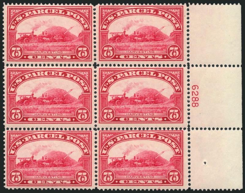 75c Parcel Post (Q11).> Mint N.H. right plate no. 6288 block of six with wide selvage, beautiful color on bright paper, small natural inclusion at top right, Fine-Very Fine, a scarce plate block in Mint N.H.
condition