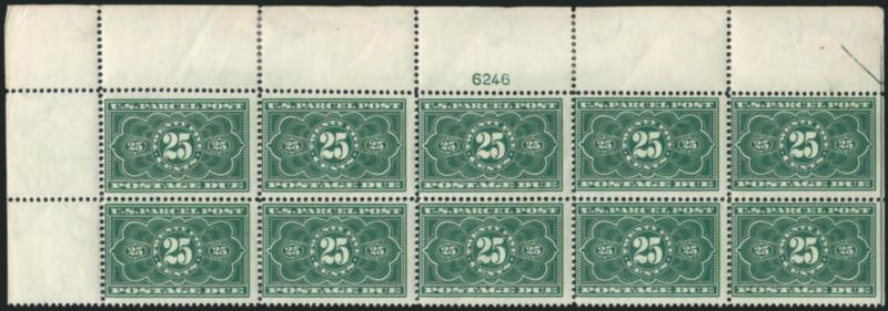 25c Dark Green, Parcel Post Postage Due (JQ5).> Top left corner plate no. 6246 block of ten with wide selvage, natural s.e. with part arrow at right, stamps Mint N.H., h.r. in selvage where some perf
separations reinforced, bright color, centered to