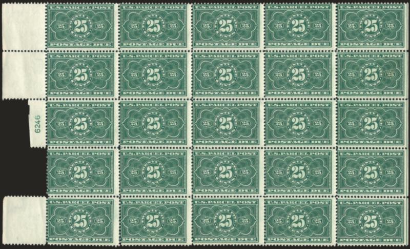 25c Parcel Post Postage Due (JQ5).> Mint N.H. block of 25 with left plate no. 6246 selvage, natural straight edge at right, parts of selvage missing, couple natural gum bends and few perf separations, Very
Good, a rare large plate no. multiple
