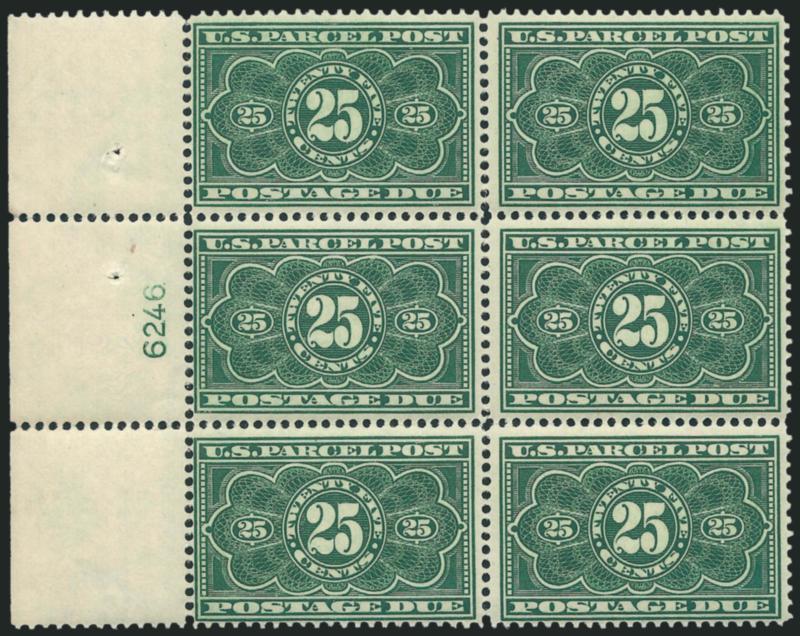 25c Dark Green, Parcel Post Postage Due (JQ5).> Mint N.H. left plate no. 6246 block of six with wide selvage, brilliant color, few perf separations in selvage at bottom<><>^FINE-VERY FINE. AN EXCEEDINGLY RARE
MINT NEVER-HINGED PLATE BLOCK OF THE 25