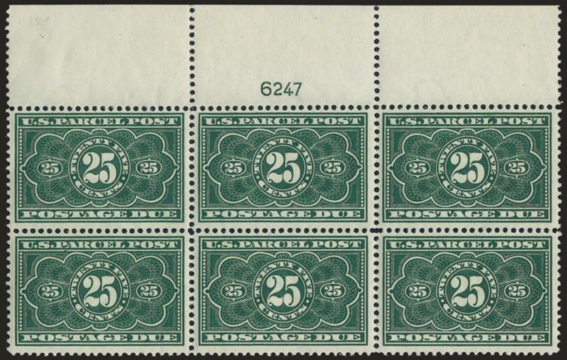 25c Dark Green, Parcel Post Postage Due (JQ5).> Mint N.H. top plate no. 6247 block of six with wide selvage, rich color on bright paper.<><>^FINE-VERY FINE. AN EXCEEDINGLY RARE MINT NEVER-HINGED TOP POSITION
PLATE BLOCK OF THE 25-CENT PARCEL POST P