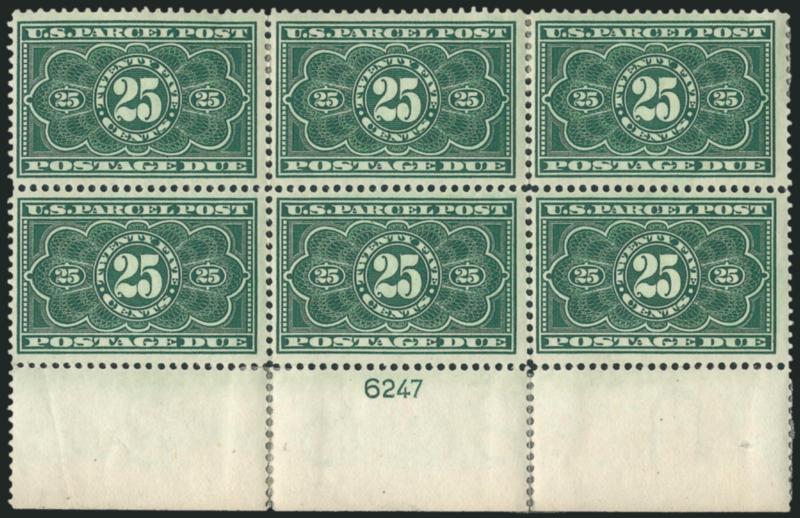 25c Dark Green, Parcel Post Postage Due (JQ5).> Bottom plate no. 6247 block of six with wide selvage, bit heavy h.r. where some perf separations reinforced, small selvage crease at bottom left barely affecting
stamp above, otherwise Fine, a rare plat