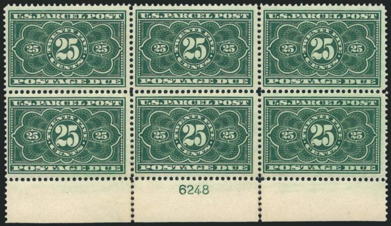 25c Dark Green, Parcel Post Postage Due (JQ5).> Bottom plate no. 6248 block of six, top stamps Mint N.H., some perf separations expertly reinforced at bottom and in selvage, rich color<><>^FINE-VERY FINE. AN
ATTRACTIVE PLATE BLOCK OF THE 25-CENT PA