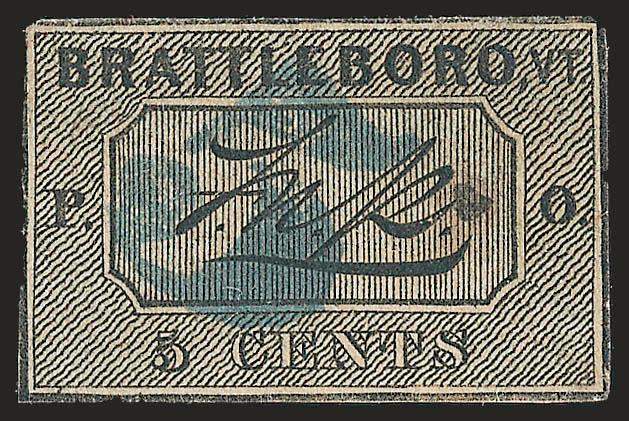 Brattleboro Vt., 5c Black on Buff (5X1).> Position 4, framelines complete or nearly complete on all four sides, cancelled by perfect <complete strike of blue 5 handstamp,> intense shade and impression, thinned
as usual<><>^VERY FINE APPEARANCE. T