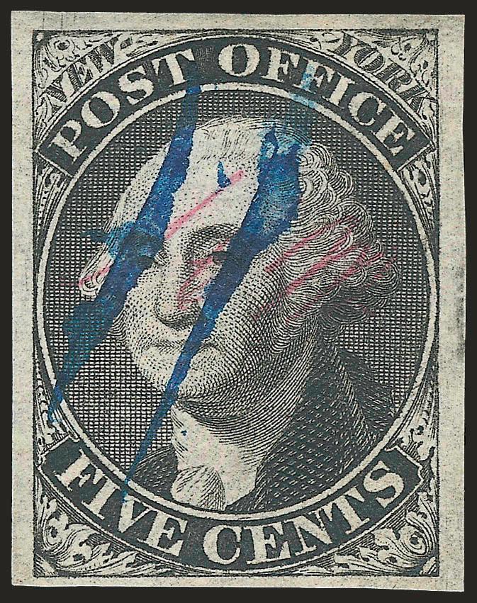 New York N.Y., 5c Black, A.C.M. Initials (9X1b).> Large margins, intense shade and impression which is nicely complemented by blue ms. cancel<><>^EXTREMELY FINE. A BEAUTIFUL EXAMPLE OF THE 5-CENT NEW YORK
POSTMASTERS PROVISIONAL WITH THE A.C.M.
