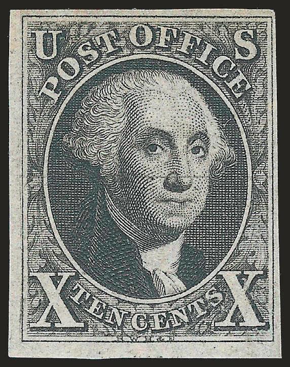 10c Black (2).> Position 99L, original gum, lightly hinged, large margins to full, intense shade and proof-like impression<><>^VERY FINE AND CHOICE. A RARE SOUND ORIGINAL-GUM EXAMPLE OF THE 10-CENT 1847 ISSUE.
A BEAUTIFUL STAMP IN EVERY RESPECT.^<