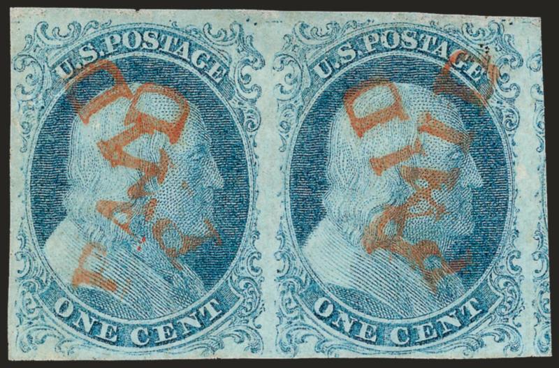 1c Blue, Ty. Ib, I (5A-5).> Position 6R1E (one of the two best examples of Type Ib on the plate) and 7R1E (the only Type I position on any of the imperforate plates), a horizontal combination pair with full to
large margins incl. part of adjoining st