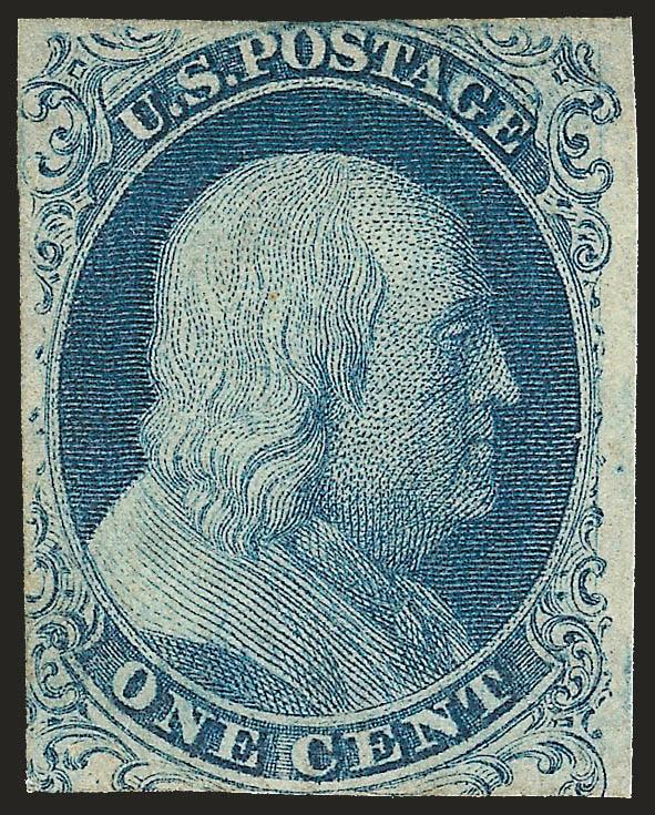1c Blue, Ty. Ia (6).> Position 92R4, unused (traces of original gum), large margin at right, other sides in, deep rich Plate 4 color, completely sound<><>^FINE. AN EXCEEDINGLY RARE UNUSED EXAMPLE OF THE
ONE-CENT TYPE IA IMPERFORATE STAMP -- ONE OF