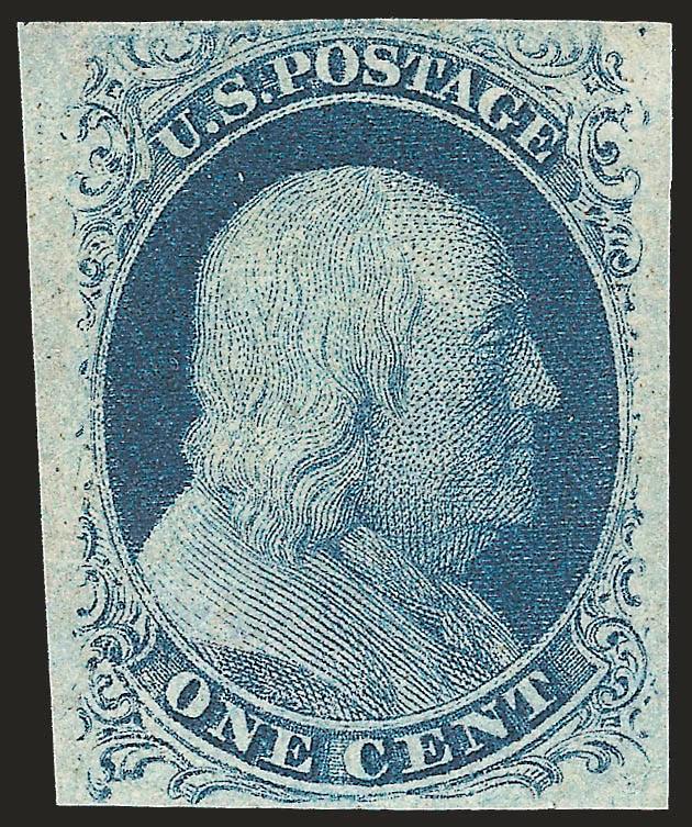 1c Blue, Ty. II (7).> Plate 2, original gum, lightly hinged, large margins to barely touched, deep rich color and proof-like impression, Very Fine, with 2000 P.S.E. certificate