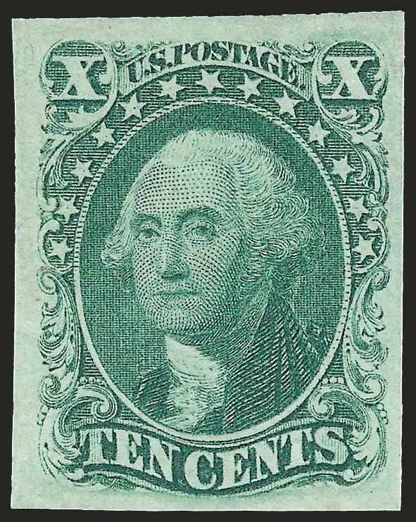 10c Green, Ty. III (15).> Original gum, lightly hinged, huge margins all around, radiant color and crisp impression<><>^EXTREMELY FINE GEM. A SUPERB ORIGINAL-GUM EXAMPLE OF THE 1855 10-CENT TYPE III. THIS IS A
MARVELOUS STAMP IN EVERY RESPECT -- GU