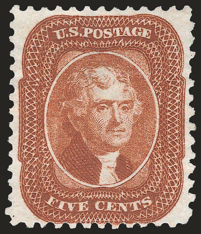 5c Orange Brown, Reprint (42).> Without gum as issued, warm color on crisp paper, three wide margins, fresh and Very Fine, with 2002 P.F. certificate
