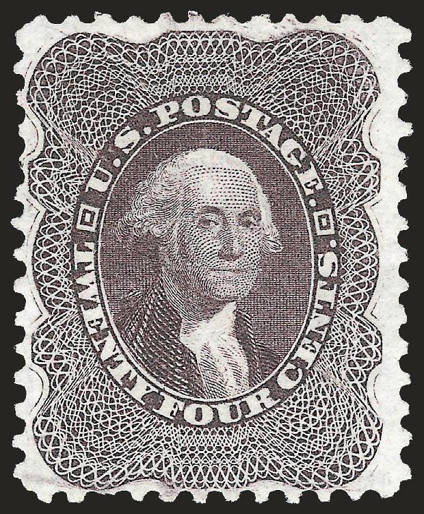 24c Blackish Violet, Reprint (45).> Without gum as issued, rich color and detailed impression on bright paper, single short perf at bottom left is barely noticeable and not mentioned on accompanying
certificate, otherwise Very Fine, only 479 were sol