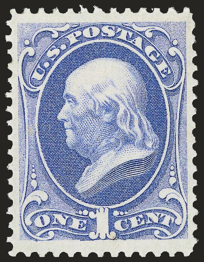 1c Ultramarine, Grill (134).> H. Grill, original gum, lightly hinged, clear grill points, intense color on bright paper, choice centering<><>^EXTREMELY FINE. AN UNUSUALLY WIDE-MARGINED ORIGINAL-GUM ONE-CENT
1870 NATIONAL GRILLED ISSUE WITH REMARKAB
