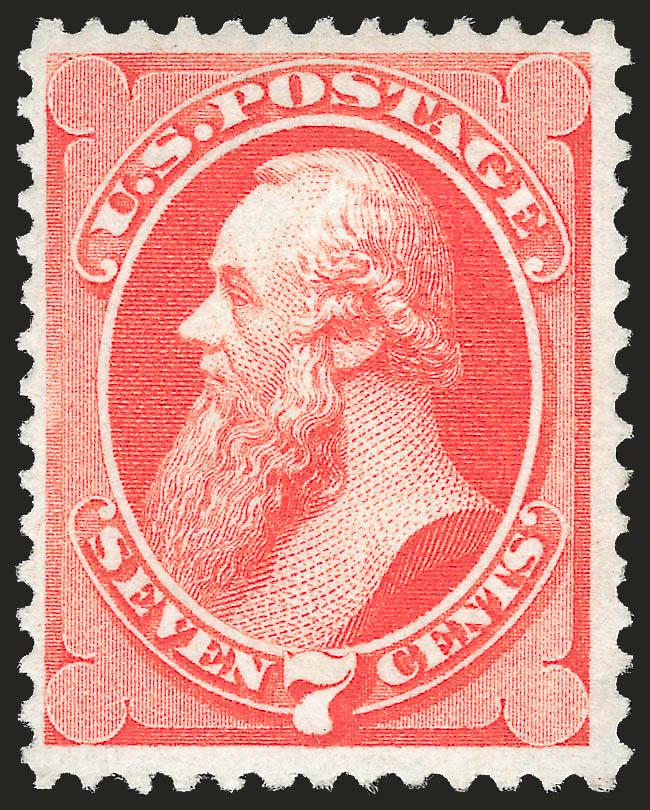 7c Vermilion, Grill (138).> I. Grill, <Mint N.H.,> brilliant color on post-office fresh paper, long and full perforations all around<><>^VERY FINE. AN EXCEEDINGLY RARE MINT NEVER-HINGED EXAMPLE OF THE 7-CENT
1870 NATIONAL BANK NOTE ISSUE WITH THE S