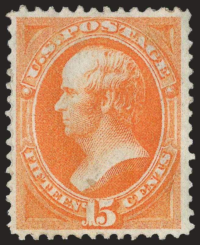 15c Orange, Grill (141).> H. Grill, original gum, vibrant color, clearly-defined grill, small gum soaks not mentioned on accompanying certificate<><>^VERY FINE. AN ATTRACTIVE ORIGINAL-GUM EXAMPLE OF THE 1870
15-CENT NATIONAL BANK NOTE COMPANY GRILL