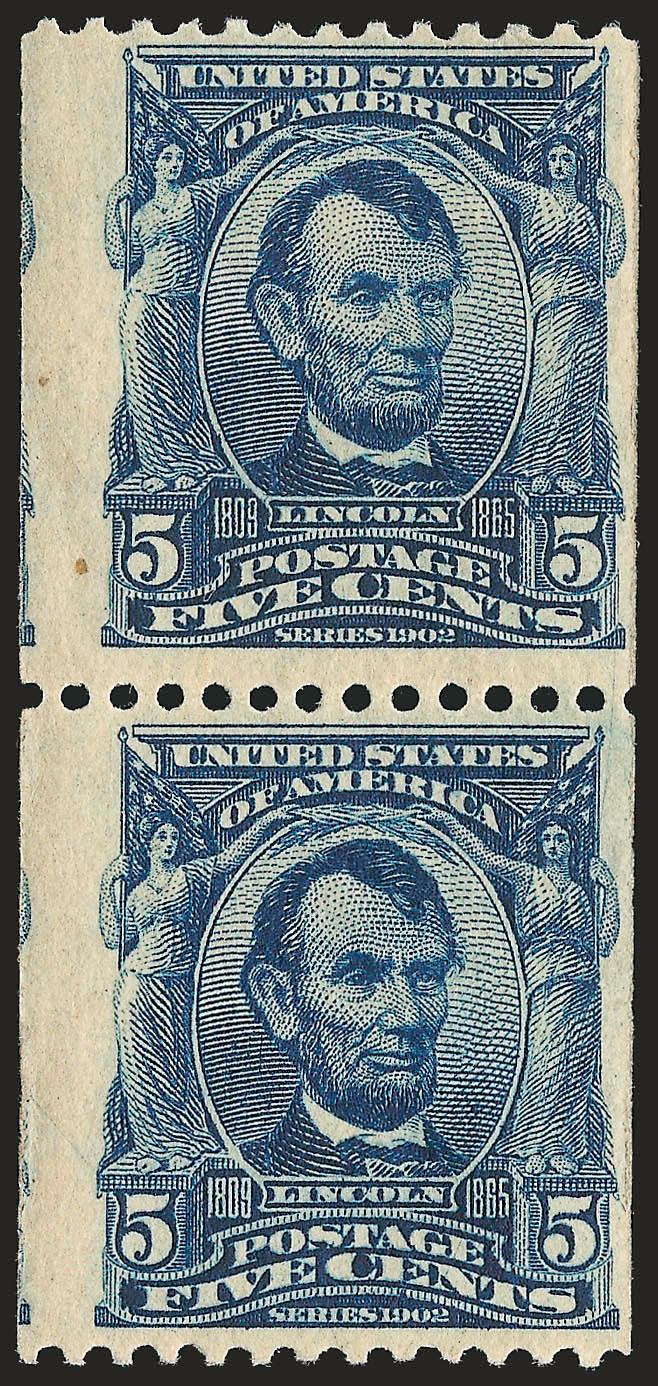 5c Blue, Coil (317).> Pair, lightly hinged, deep rich color, enormous left margin with traces of adjoining stamps, yet still ample at right<><>^FRESH AND VERY FINE PAIR OF THE RARE 5-CENT 1908 VERTICAL
COIL.^<><>With 1951 and 2005 P.F. certificat